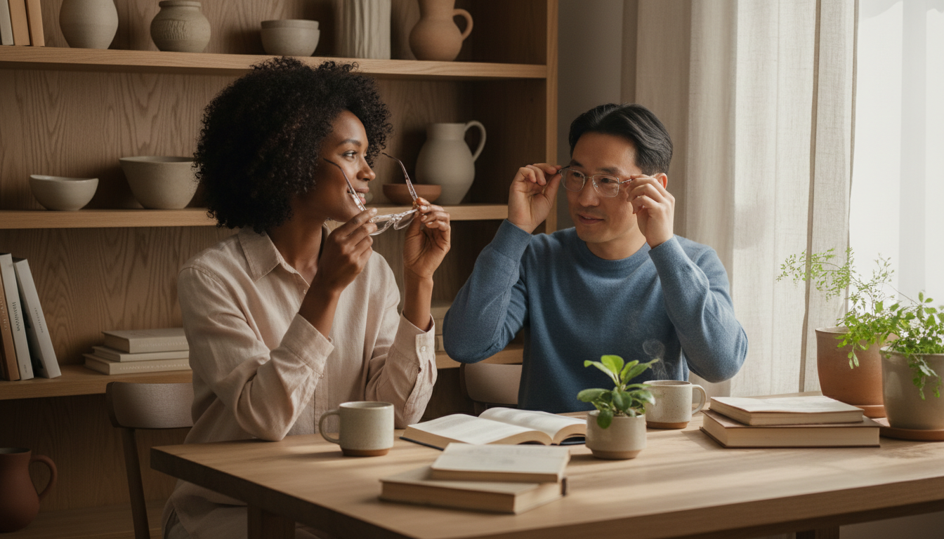 A man and a woman sitting at a wooden table in a warm, book-filled room. The woman holds a pair of eyeglasses, and the man is adjusting his own glasses.